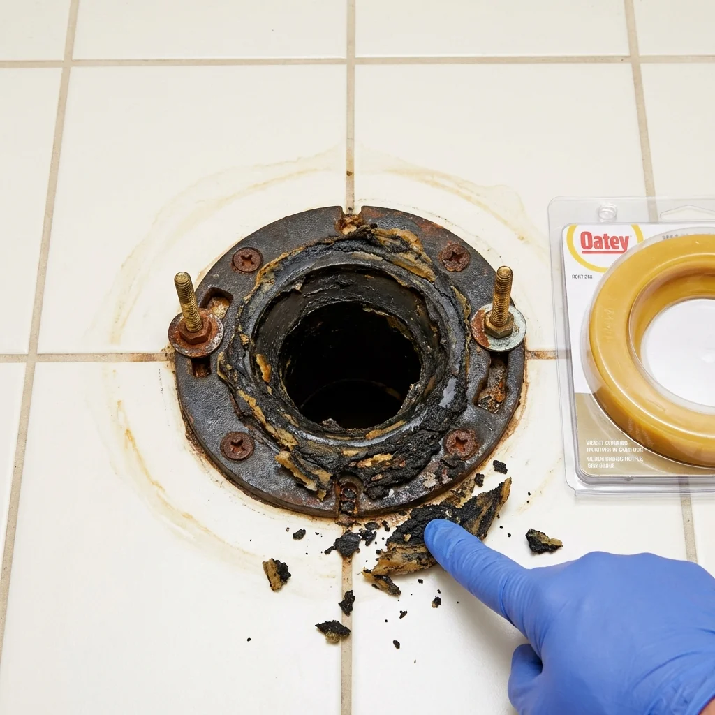 Failed wax ring showing water seepage at the base of a toilet in a Whitehouse, OH home